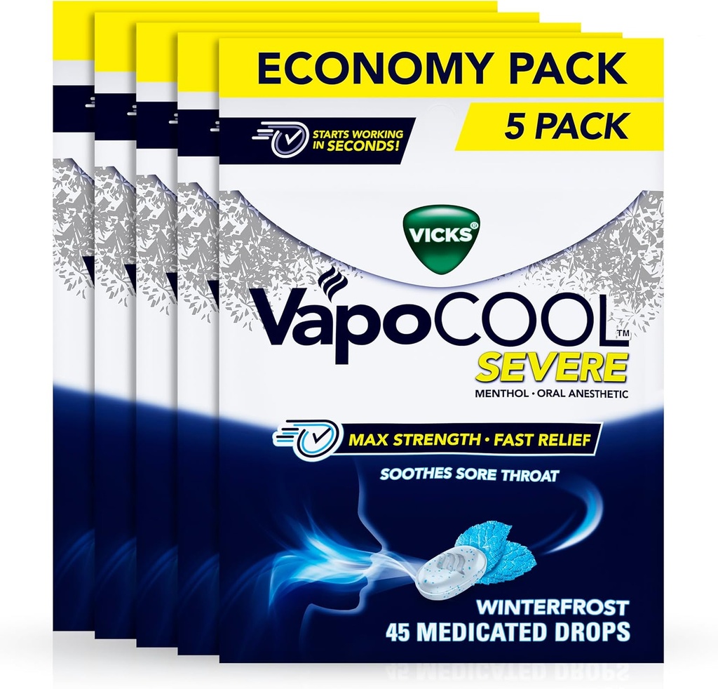 Vicks VapoCool Svær Svær Hals Drops, Max Strength Menthol, Lindes Sore Hals Smerte, Winterfrost Flavor, 225ct (5- pakning med 45ct)