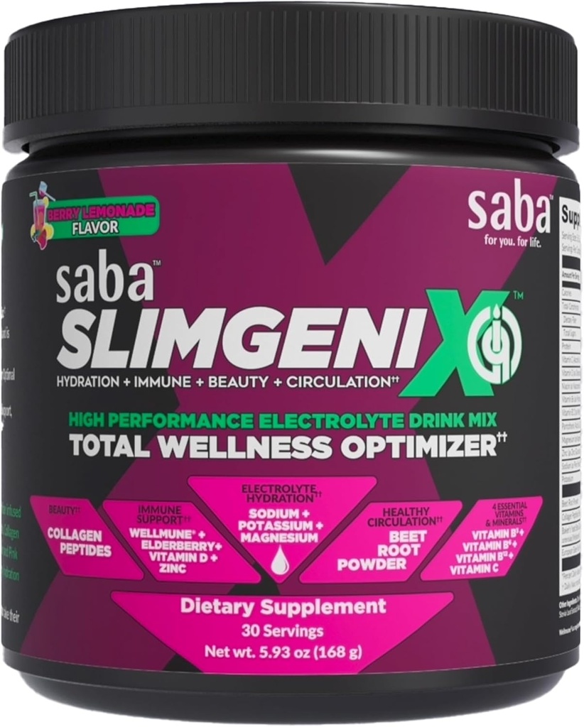 Saba SlimGenix IQ Beeg 124; 4-in-1 Optimering Drink Mix XX 124; Berry Lemonade Flavor Flavor 124; Hydration + immunforsvar + cirkulation + Skønhed Beeg 124; 30 Serveringer Beeg 124;