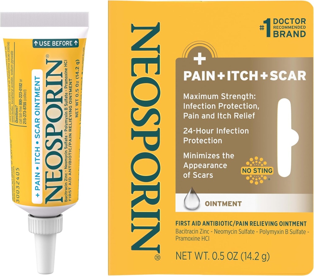 Neosporin Antibiotisk Paining-Lempelse, Anti- Itch, & Scar udseende Minimizer Salve med Neomycin & Bacitracin Zink, 24- timers infektion beskyttelse for mindre cuts, Scrapes & Burns, .5 oz