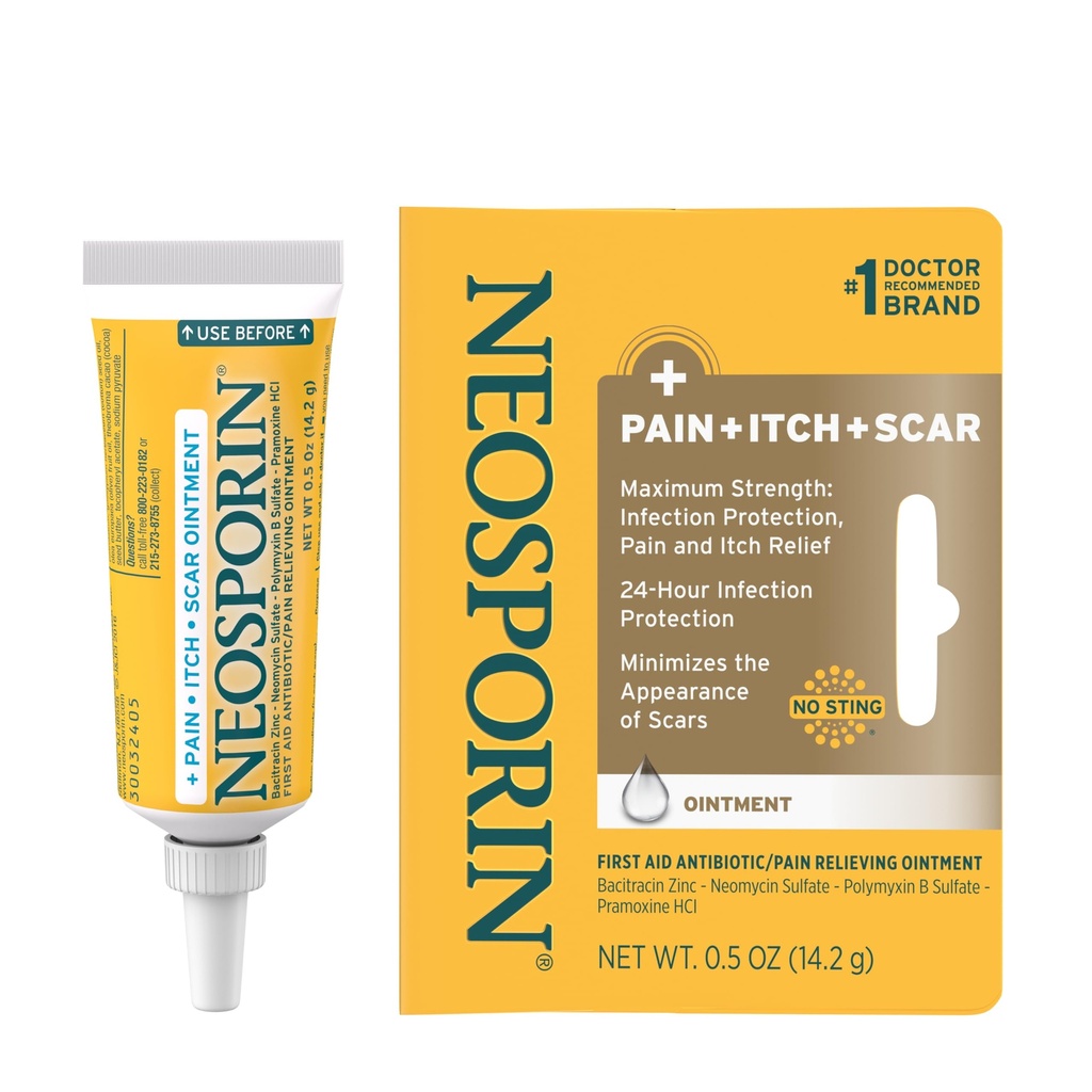 Neosporin Antibiotisk Paining-Lempelse, Anti- Itch, & Scar udseende Minimizer Salve med Neomycin & Bacitracin Zink, 24- timers infektion beskyttelse for mindre cuts, Scrapes & Burns, .5 oz