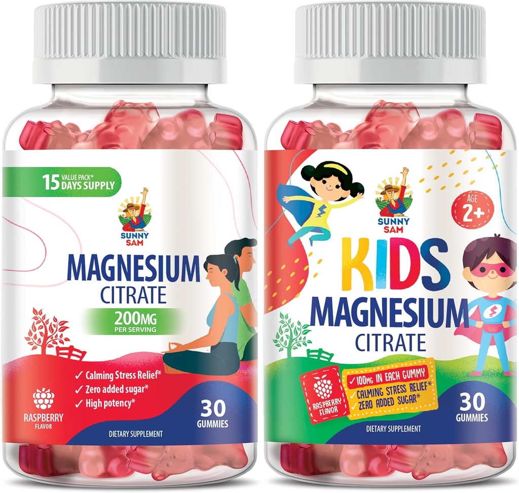SUNNY SAM Magnesium gummier for børn og Magnesium gummier for børn og voksne - 100 mg - Rolig Magnesium tykkere - Magnesium Citrate Chewable Supplement for Mood & Muscle Support