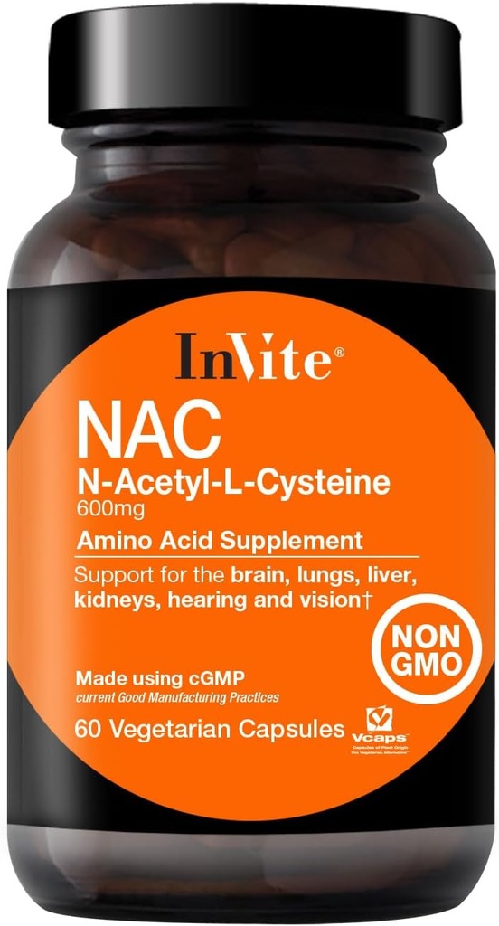 Inviter sundhed N-acetyl cystein (NAC) - understøtter lever og hjerne sundhed - leverer den essentielle aminosyre L-cystein og en precursor til Tripeptid Glutathion - 60 vegetariske kapsler (2-Pack)