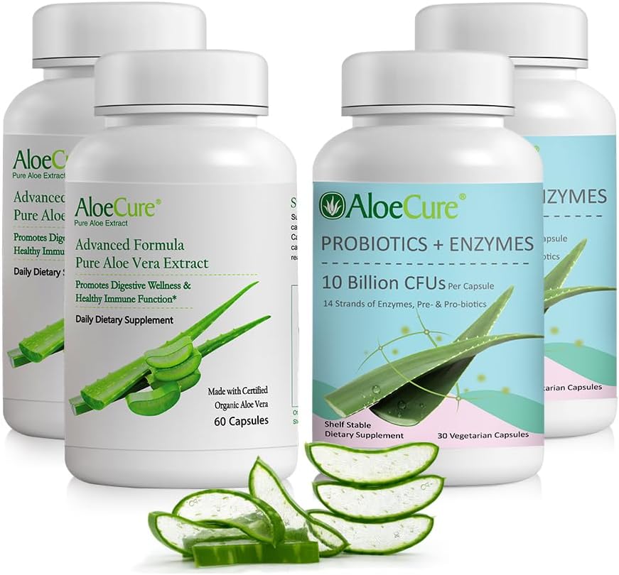AloeCure Organic Aloe Vera Capsules Pack - 4 stykker - 2 x Aloe Vera Capsules, 2 x Probiotika + enzymer