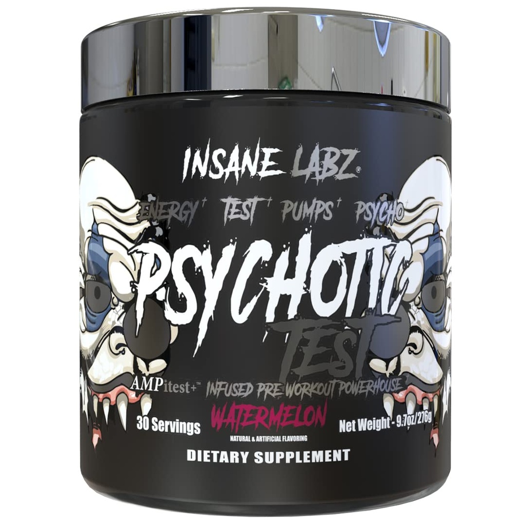 Insane Labz Psykotisk Test, High Stim Testosteron Energi og Pump Boosting Pre- Workout Powder med DMAE Bitartrate, D Aspartasyre, Kreatin HCL og Glycerol Monostearate, 30 Servere, Watermelon