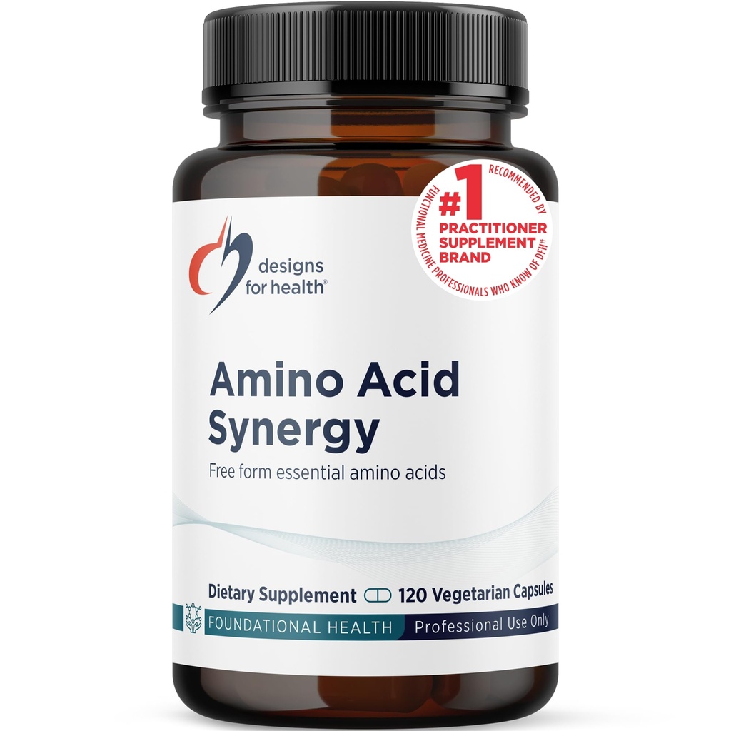 Design for sundhed Aminosyre Synergy - Vegetar Essential Aminosyrer Supplement med BCAA, Alpha- Ketoglutarat, Methionin + B6 (P- 5- P) - Støtte til atleter + muskler (120 kapsler)