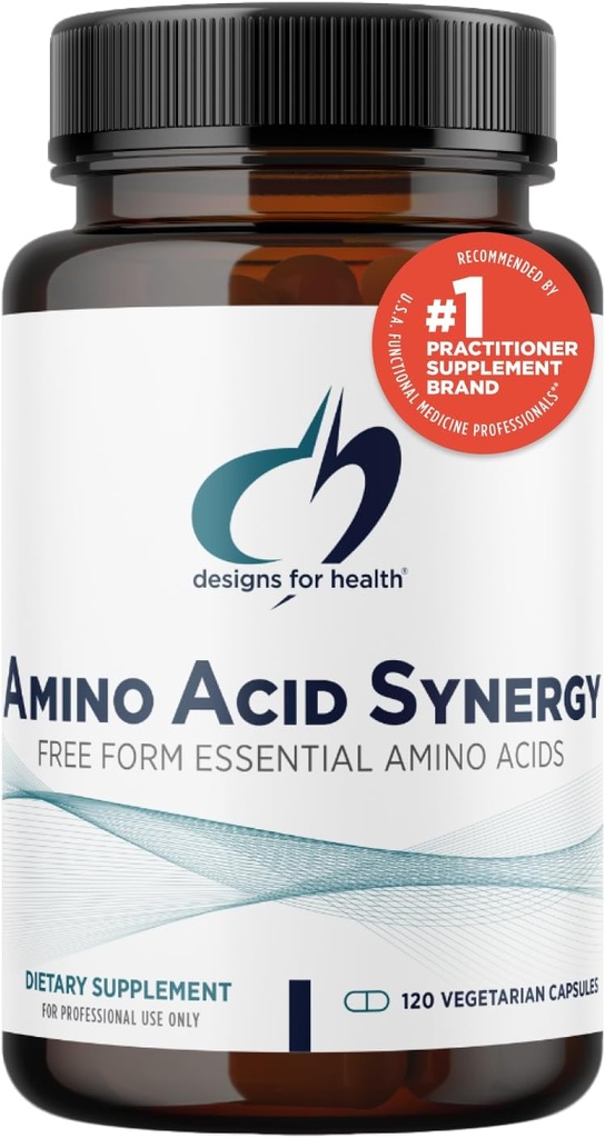 Design for sundhed Aminosyre Synergy - Vegetar Essential Aminosyrer Supplement med BCAAs, Alpha- Ketoglutarat, Methionin + B6 (P- 5- P) - Støtte til atleter + muskler (120 kapsler)