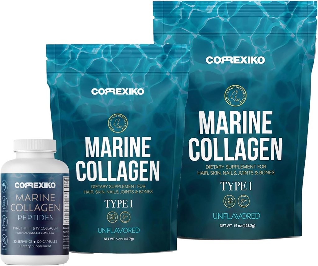 CORREXIKO Marine collagen supplement piller & pulver bundle - Inkluderer 10,000mg dobbelt hydrolyseret collagen pulver 15 oz & 5oz og 1800 mg collagen peptider 120 kapsler - for hår, hud og negle