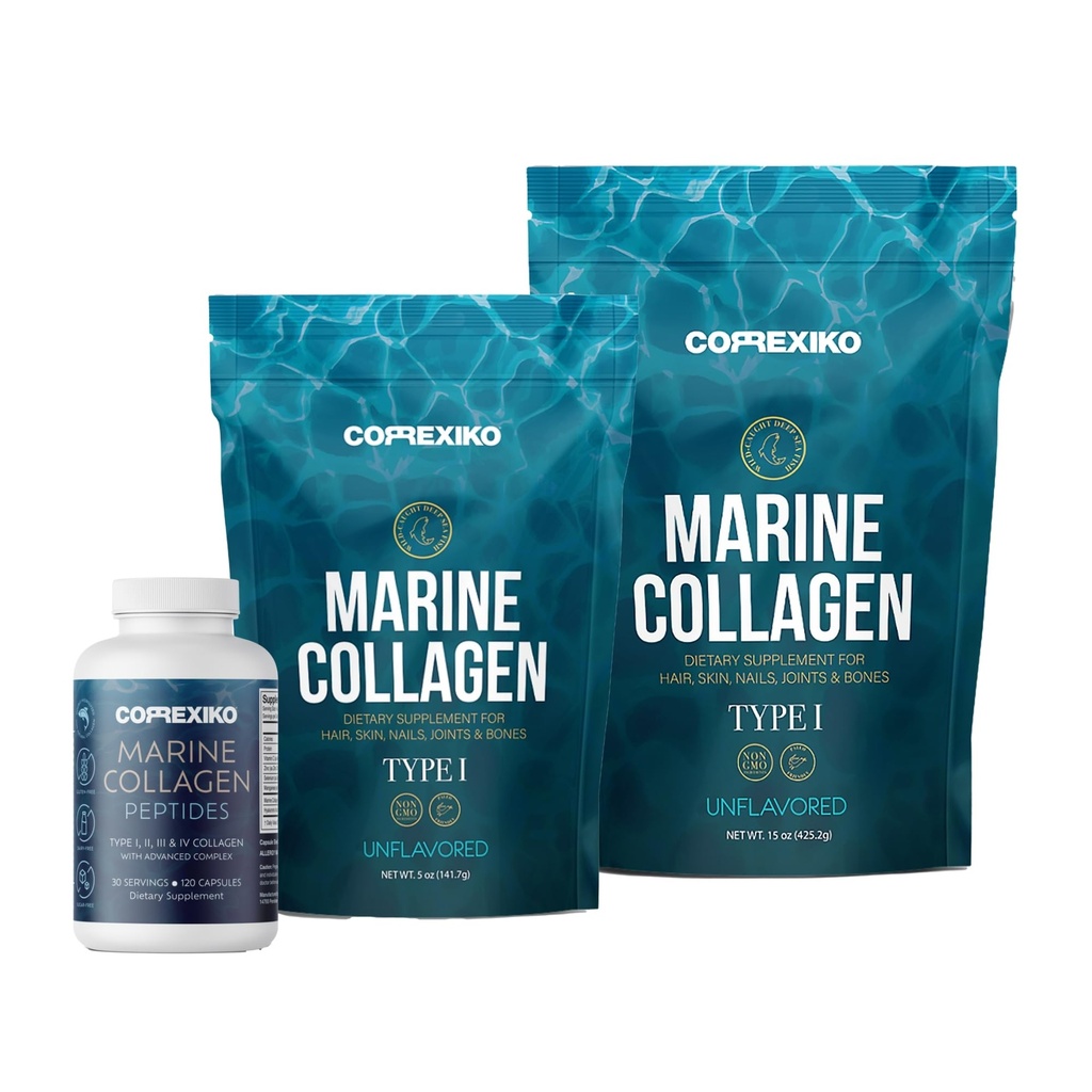 CORREXIKO Marine collagen supplement piller & pulver bundle - Inkluderer 10,000mg dobbelt hydrolyseret collagen pulver 15 oz & 5oz og 1800 mg collagen peptider 120 kapsler - for hår, hud og negle