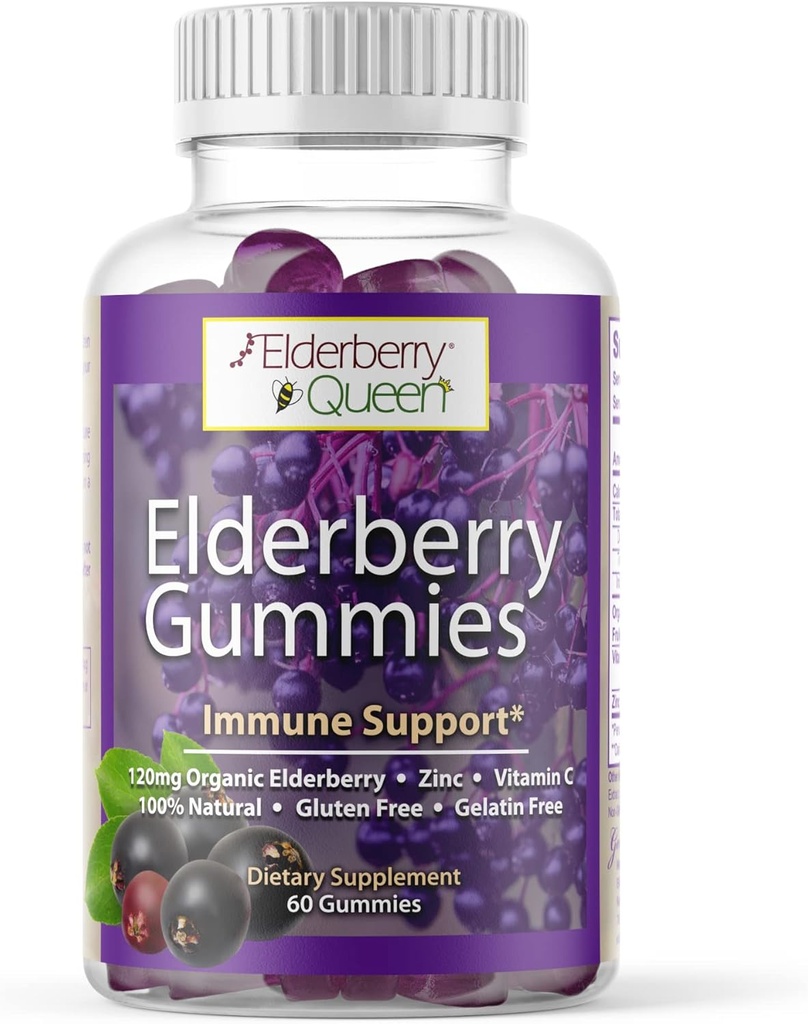 Elderberry Queen Organic Elderberry Gummies 60 ct - Immune Support Gummies with Vitamin C & Zinc - Elderberry Vitamin Gummies for Adults and Kids
