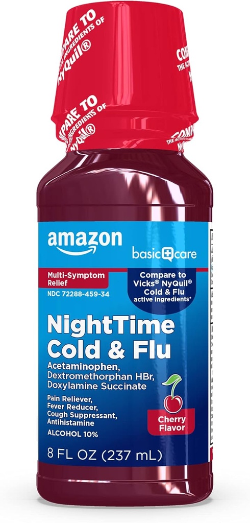 Basic Care Night Cold & Flu Relief Syrup, Pain Reliever, Feber Reducer, Hoste suppressant, Antihistamin, Cherry, 8 fl oz (Pack of 1)