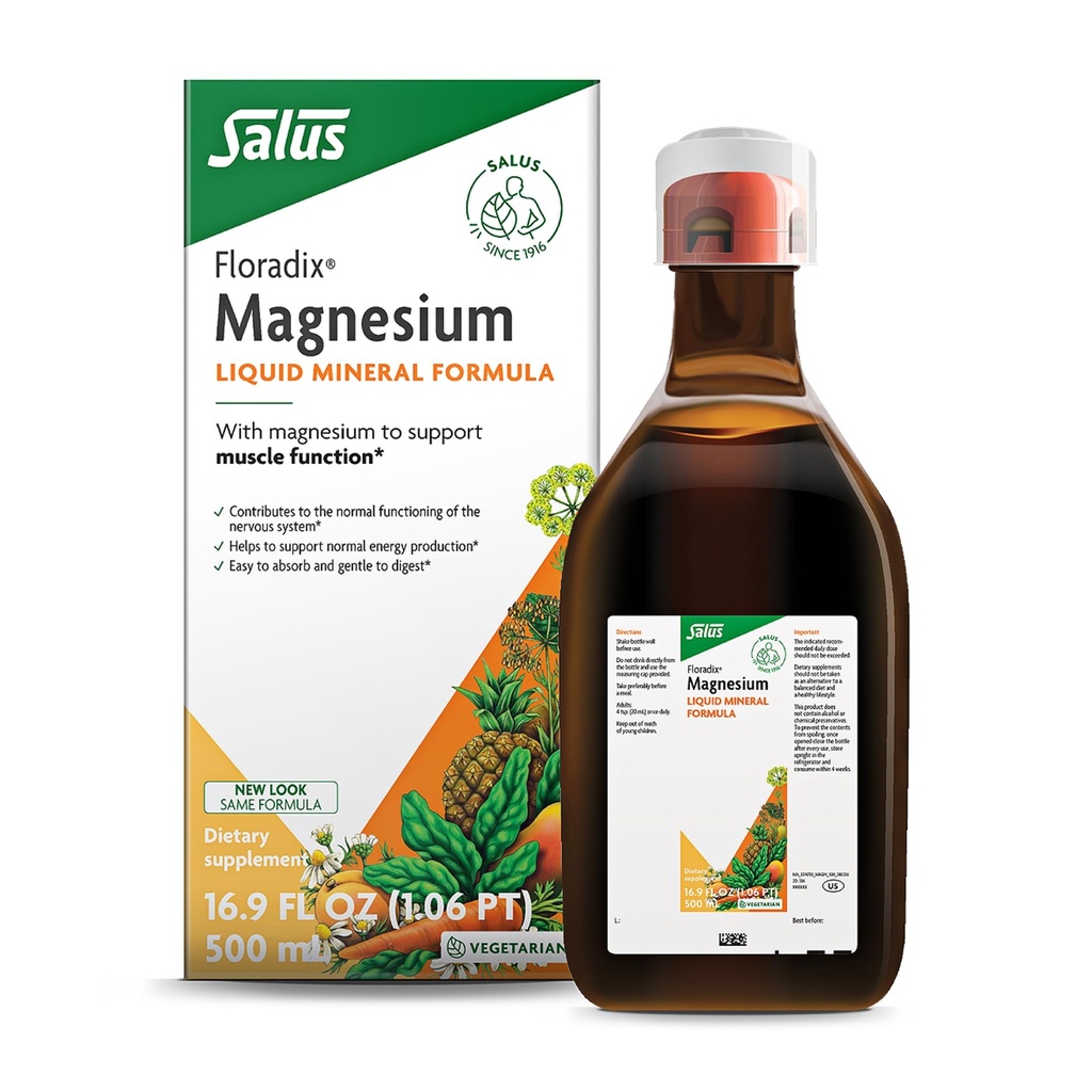 Floradix Magnesium - Liquid Herbal & Mineral Supplement Understøtter sund nervesystem & Normal Muscle Funktion - Dødbringende flydende formel - Vegetarisk, Glutenfri & Non- GMO - 16,9 fl oz