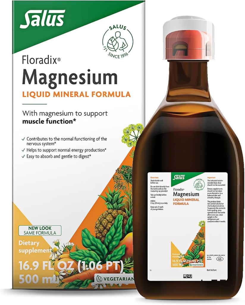 Floradix Magnesium - Liquid Herbal & Mineral Supplement Understøtter sund nervesystem & Normal Muscle Funktion - Dødbringende flydende formel - Vegetarisk, Glutenfri & Non- GMO - 16,9 fl oz