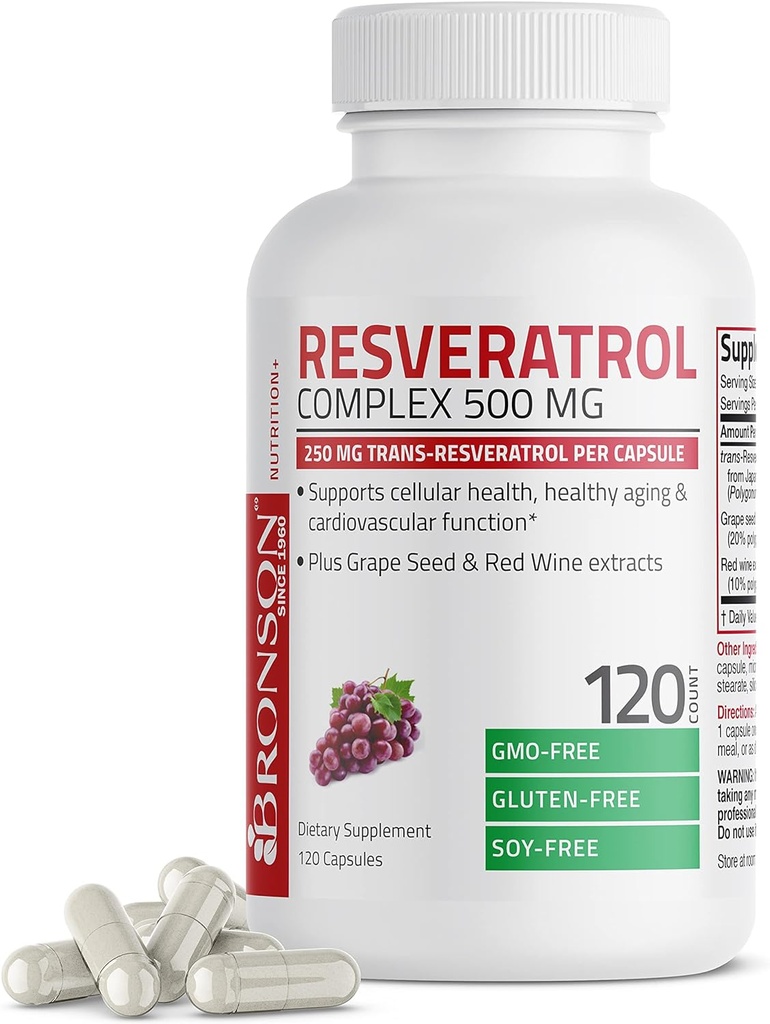 Bronson Resveratrol 500 Complex Standardized Trans- Resveratrol + Grape Seed & Red Wine Extract, 120 kapsler