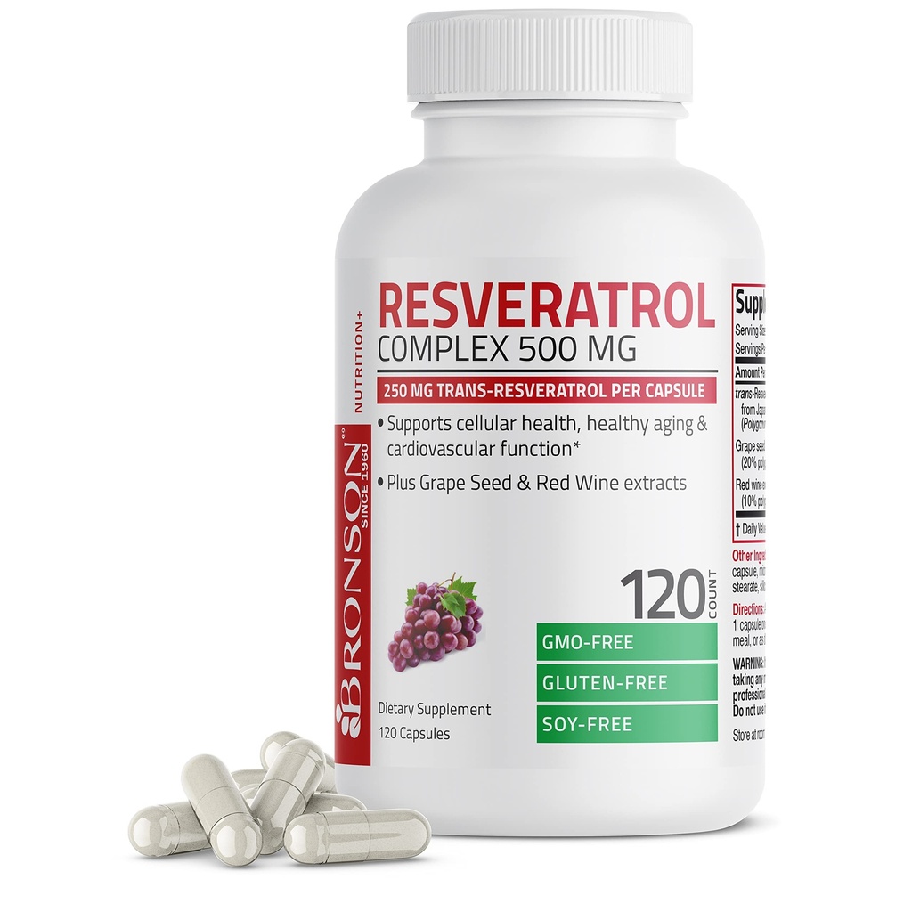 Bronson Resveratrol 500 Complex Standardized Trans- Resveratrol + Grape Seed & Red Wine Extract, 120 kapsler