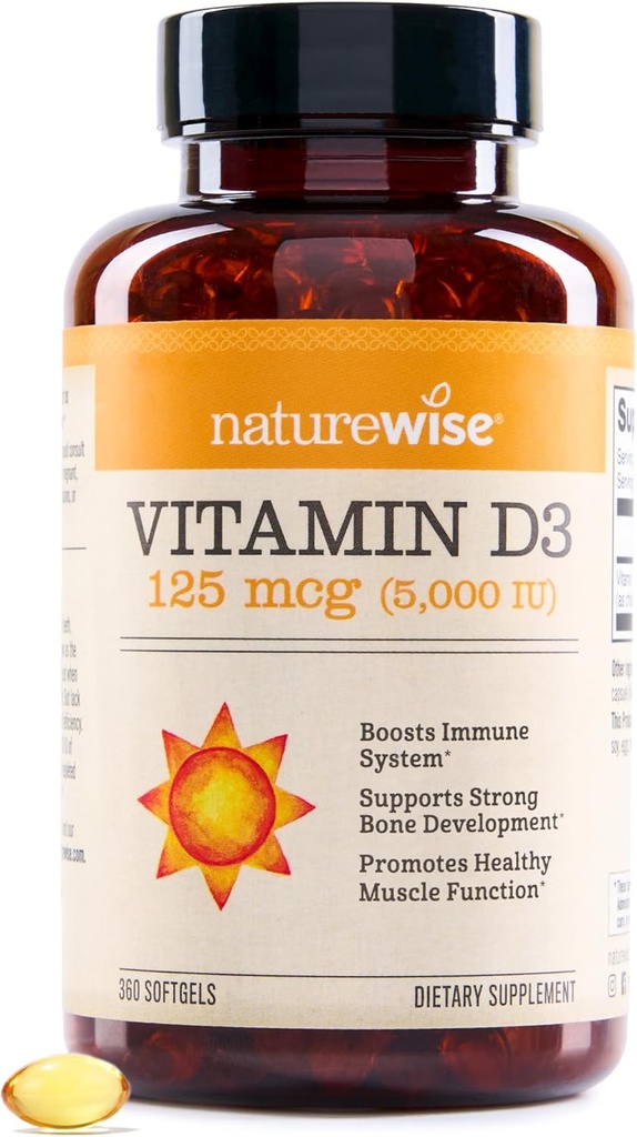 NatureWise Vitamin D3 5000iu (125 mcg) 1 År Tilgang til immunforsvar, sund muskelfunktion, og ben sundhed - non-GMO, Gluten Free in Organic Extra Virgin Olivenolie, (Mini Softgel), 360 Tæl