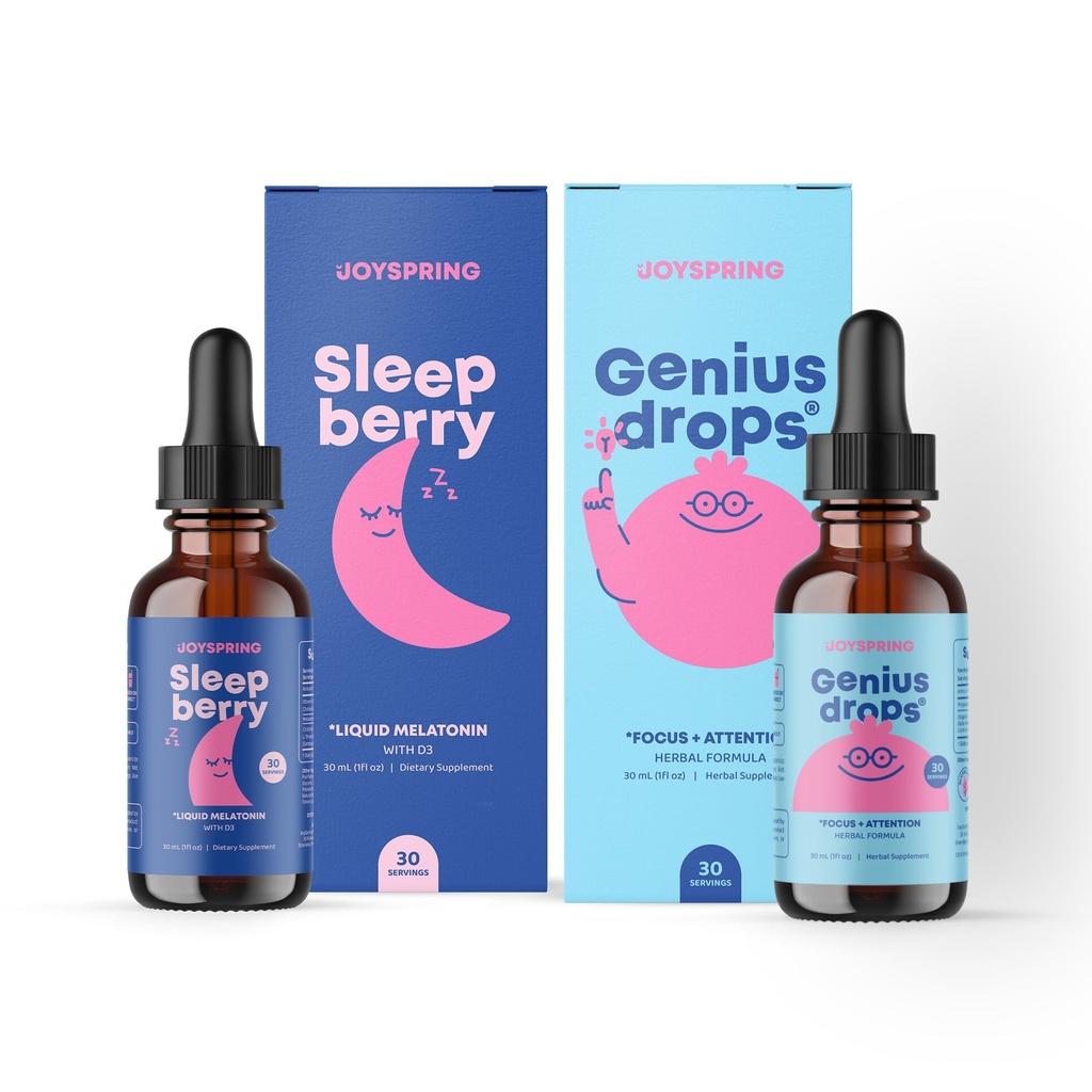 JoySpring Genius Drops Brain Supplement and SleepBerry Melatonin for Kids Sleep Support