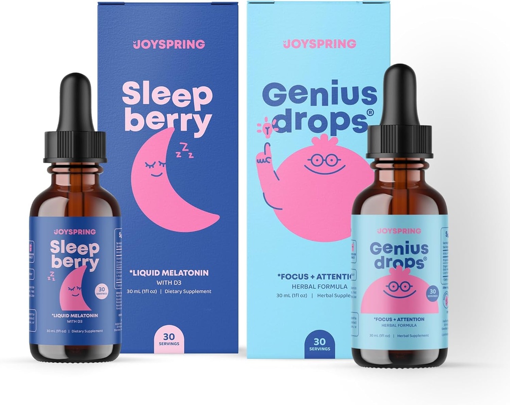 JoySpring Genius Drops Brain Supplement og SleepBerry Melatonin til børn søvn support