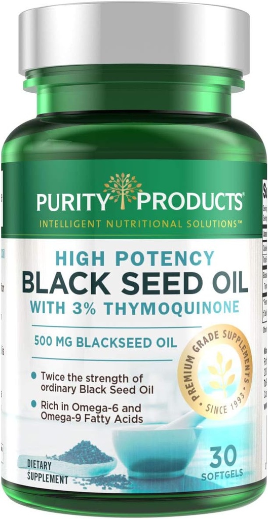 Renhed Produkter høj potens Black Seed Oil - Dobbelt styrke + kold presset - 3% Thymoquinon - 500 mg Black Cumin Seed Oil - Omega 6 + 9 essentielle fedtsyrer - Let at synke - 30 Mini Softgels