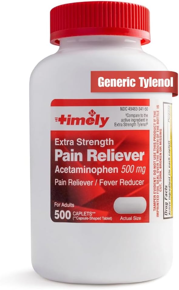 Timely Acetaminophen 500mg - 500 Caplets - Extra Strength Pain Relief - Compared to the active ingredient in Extra Strength - Menstrual Cramps, Fever Reducer, Minor Pain of Arthritis