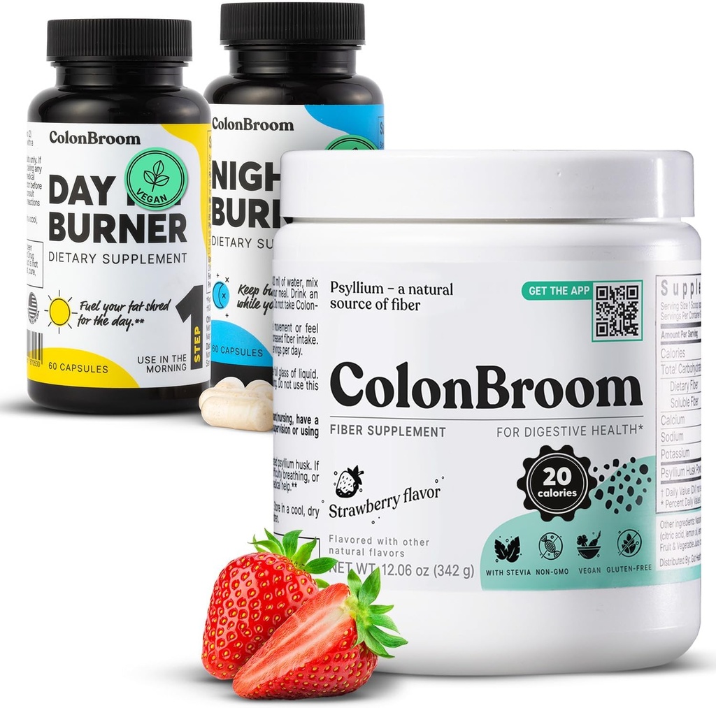 ColonBroom Psyllium Husk pulver, Colon Broom Colon Cleanser Fiber supplement til Bloating Relief & Gut Sundhed + dag & nat brænder Kosttilskud, Vægt Management piller (60 Servere), 3 elementer