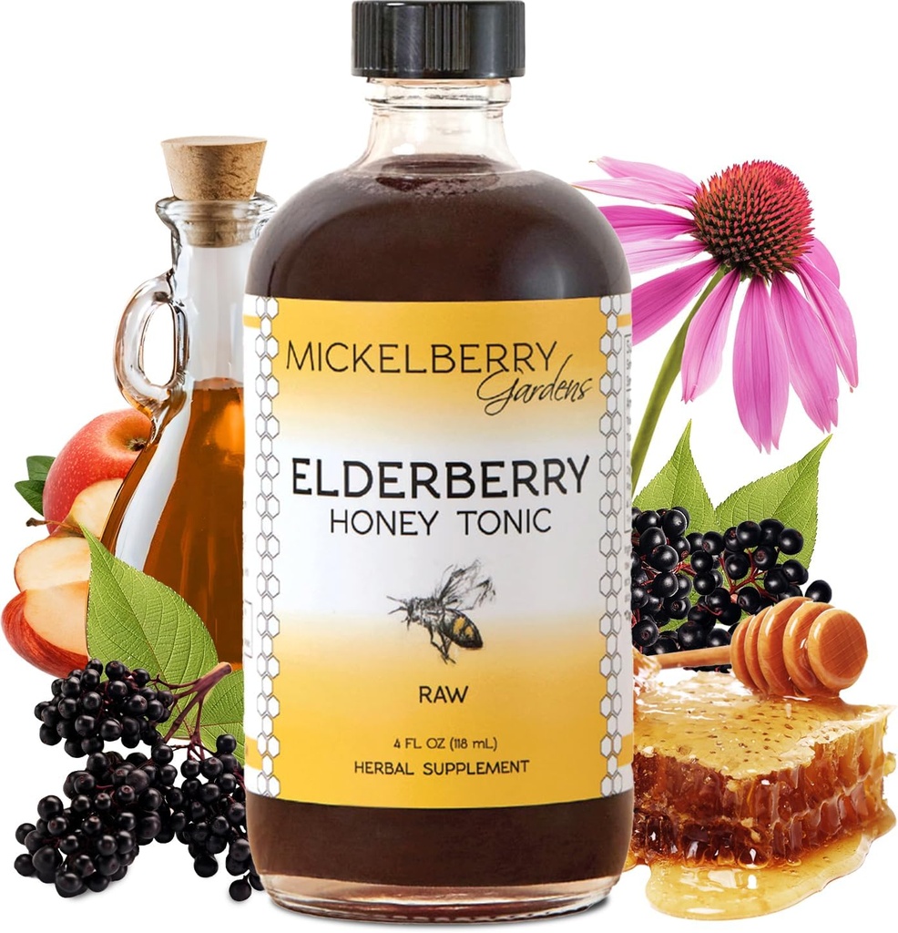 Mickelberry Gardens Elderberry Honey Tonic, Sambucus Syrup, Black Elderberry - immunforsvar for voksne og børn (4 Ounces)
