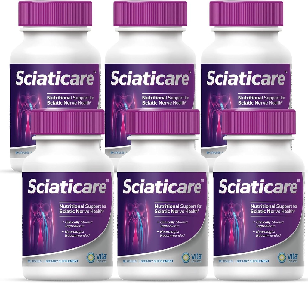 Vita Sciences Sciaticare Nerve Soothing Supplement Vitamins with Natural R-ALA Form 40X Strength, NOT Synthetic Alpha Lipoic Acid (ALA) - Lower Lumbar Sciatica - 60 Count (Pack of 6)