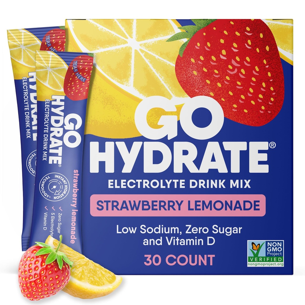 GoHydrate Lavnatrium Electrolytes Powder Pacets Sugar Free - Instant Hydration Daily Drink Mix - Zero Sugar Water Flavor Pakke Singler med D-vitamin - (Strawberry Lemonade, 30 Pakker)
