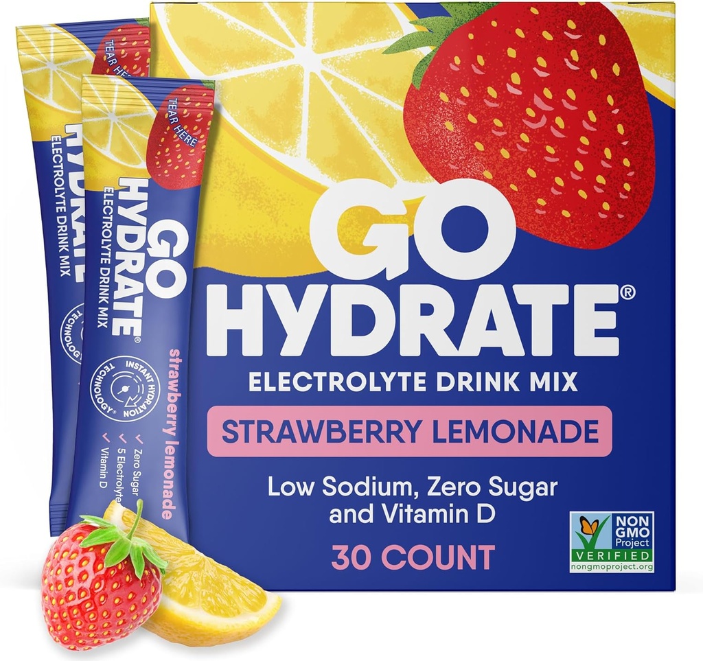 GoHydrate Lavnatrium Electrolytes Powder Pacets Sugar Free - Instant Hydration Daily Drink Mix - Zero Sugar Water Flavor Pakke Singler med D-vitamin - (Strawberry Lemonade, 30 Pakker)