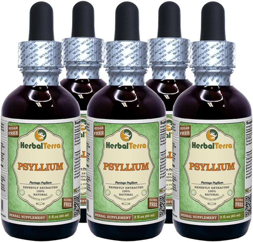 Psyllium (Plantago Ovata) Glycerit, Organic Tørret Husk Alkohol- Free Liquid Extract (Brand Name: HerbalTerra, Stolt Made in USA) 5x2 fl.oz (5x60 ml)