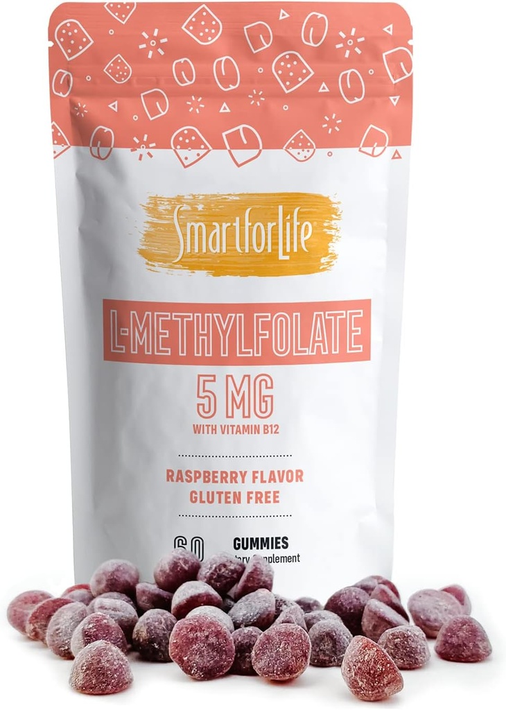 Smart for livet L- methylfolat Gummies med vitamin B12 Raspberry Flavor - 5mg - 60 Gummies - Active Folate 5 Mthfr Support Professional Strength - Doctor Designet Methyl Folate