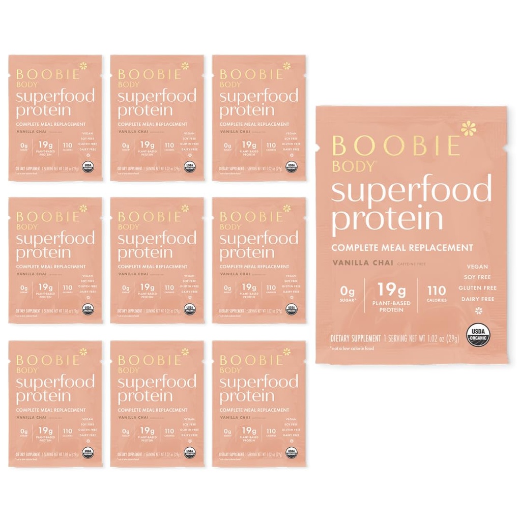 Boobie Body Superfood Protein Meal Erstatning Shake, Vanilla Chai Flavor; 19g Protein Shue 124; Safe For Graviditet, Amning, & Barnhood Shake 124; Organic, Vegan, Zero Sugar, 10 Single Serve Packets (1,02 oz hver)