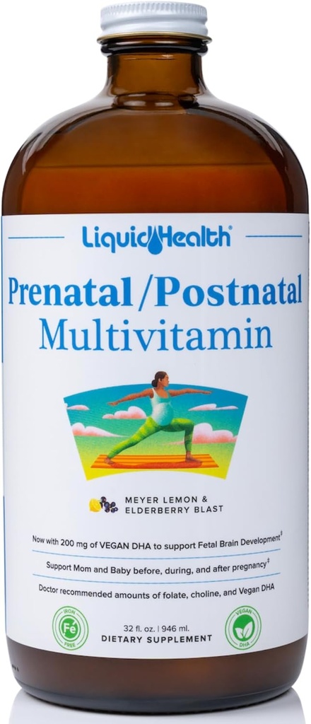 LIQUIDSUNDHED Prenatal / Postnatal multiple Liquid Women 's Multivitamin with Real Folate - Pre & Postnatal Vitaminer før, Under, Efter graviditet - Made in USA, Vegan, Sugar- Free, Non- GMO (32 oz)