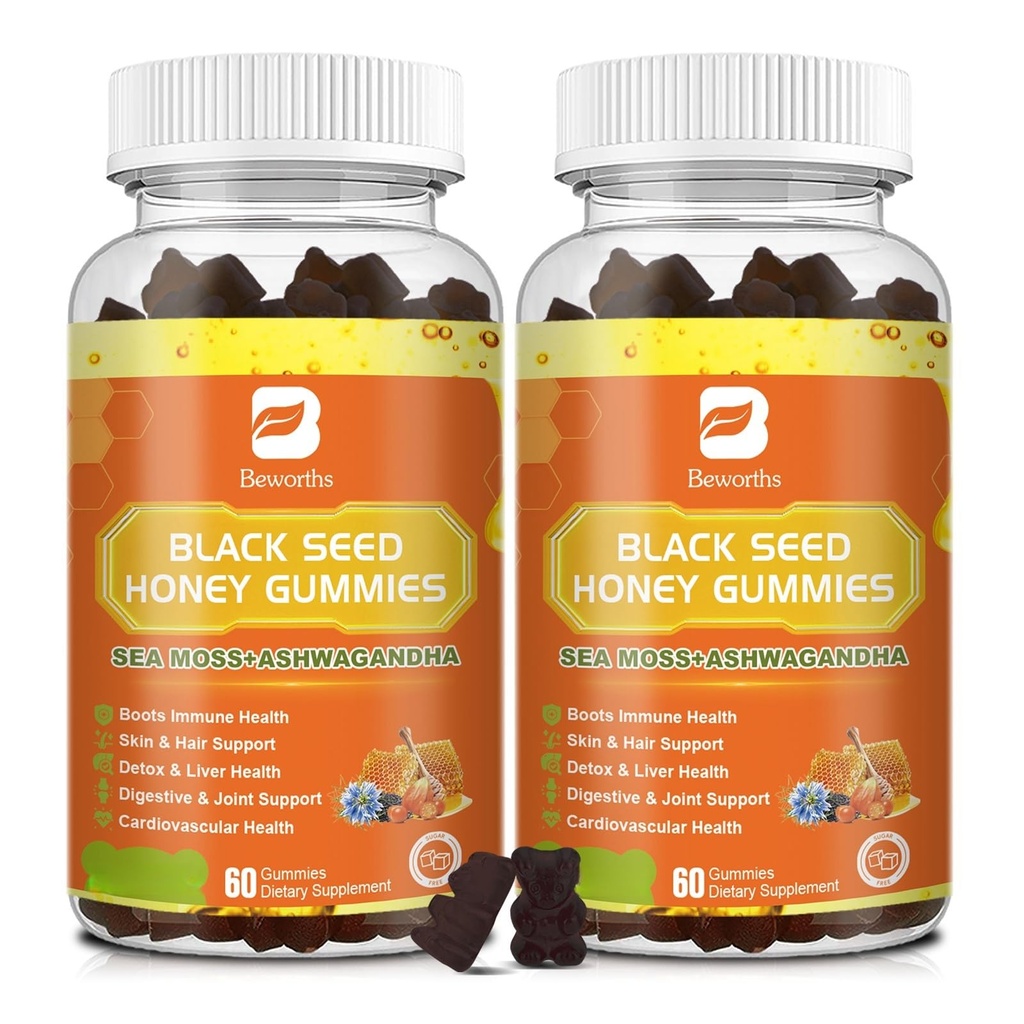 (2 Pack) Black Seed Oil Sea Moss Gummies med Ashwagandha, Burdock Root, Linden Honey, Elderberry, Gurkemeje, C-vitamin, D3 & Zink - Understøtter Immunitet, Joints, fordøjelse, hår & hud, Vegansk Gummies 120