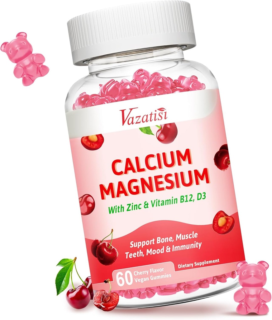 Calcium Magnesium Zinkgummier, Calcium Magnesium 2: 1 Ratio med vitamin D3 & B12 til Support Muskel, Mood og Immunitet, 60 Vegansk Kirsebær Tyggegummi