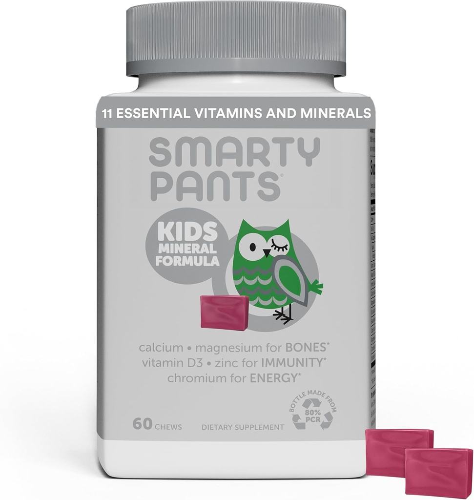 SmartyPants Kids Mineral Chews: Magnesium Citrate & Calcium supplement med vitamin D3, C-vitamin, K2, Zink & Selenium til immunforsvar, 60 Greve (30 dages forsyning)