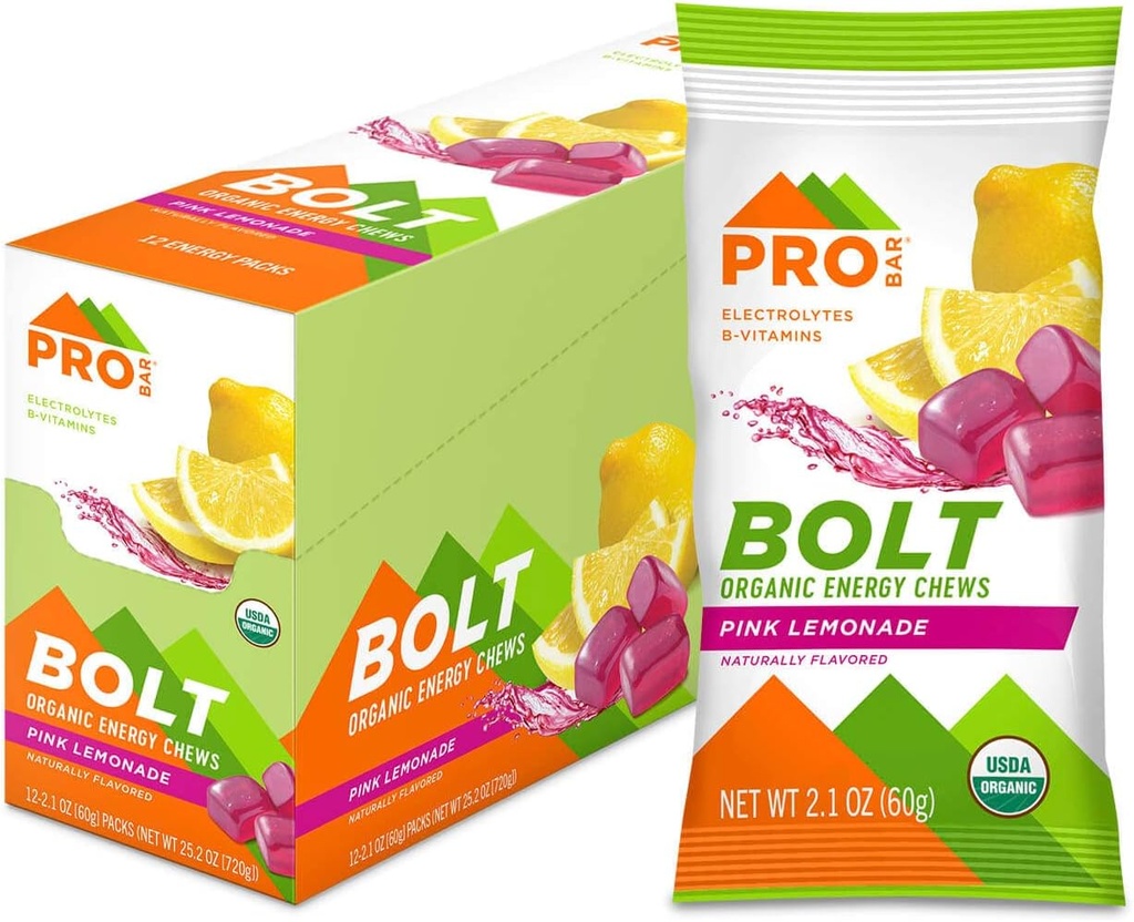 PROBAR - Bolt Organic Energy Chews, Pink Lemonade, Non-GMO, Gluten- Free, USDA Certified Organic, Sund, Natural Energy, Fast Fuel Gummies med Vitaminer B & C (12 Greve)