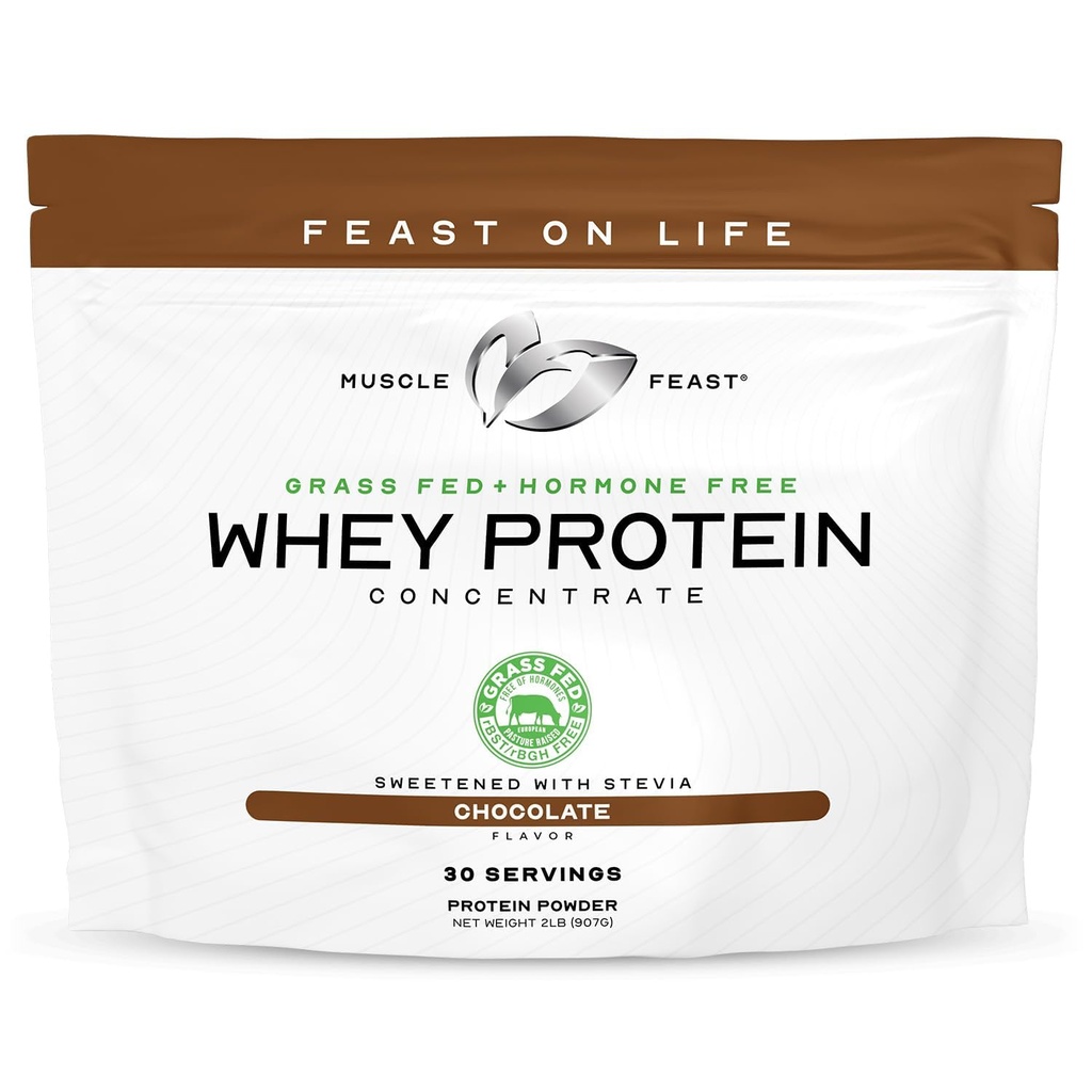 Muscle Feast Grass-Fed Whey Protein Concentrate Powder, All Natural, Hormone Free Pasture Raised Whey Protein Powder for Women & Men, Clean, Non-GMO & Gluten Free Whey Concentrate - Chocolate, 2lb