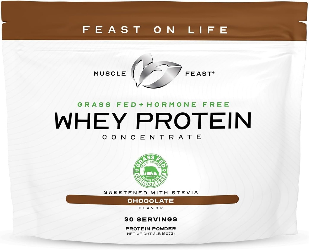 Muskel Feast Grass- Fed Whey Protein Concentrate Powder, Alle naturlige, Hormon Free Pasture Raised Whey Protein Powder for kvinder & mænd, Clean, Non- GMO & Gluten Free Whey Concentrate - Chocolate, 2lb