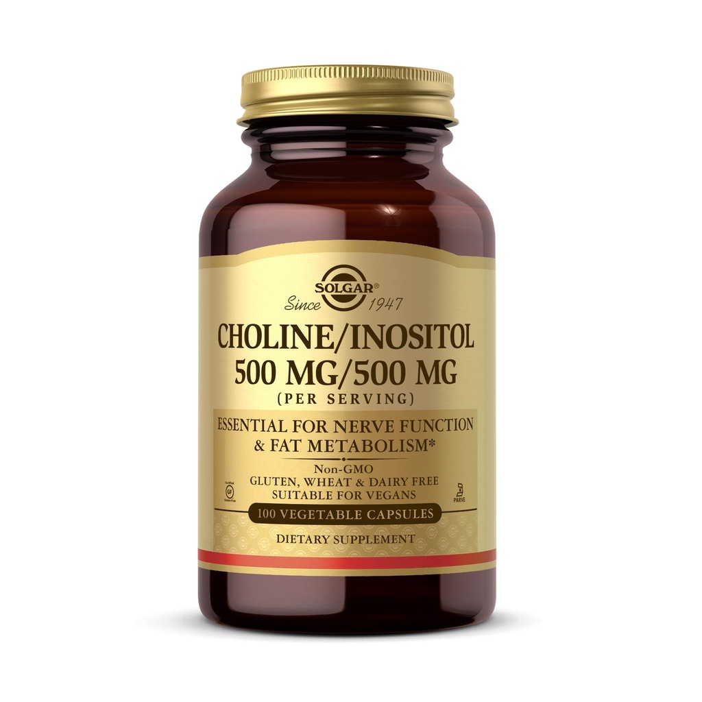 Solgar Cholin / Inositol 500 mg / 500 mg, 100 Vegetabilske kapsler - Energi Metabolisme, Leversundhed, Essential for Brain & Nerve funktion - Non-GMO, Vegan, Gluten Free, Dairy Free, Kosher - 50 Servere