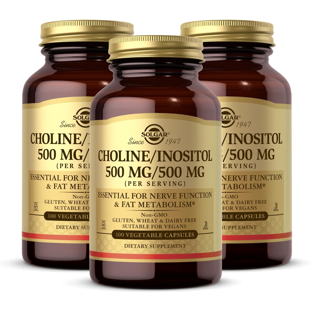 Solgar Cholin / Inositol 500 mg / 500 mg, 100 Vegetabilske kapsler - Energi Metabolisme, Leversundhed, Essential for Brain & Nerve funktion - Non-GMO, Vegan, Gluten Free, Dairy Free, Kosher - 50 Servere