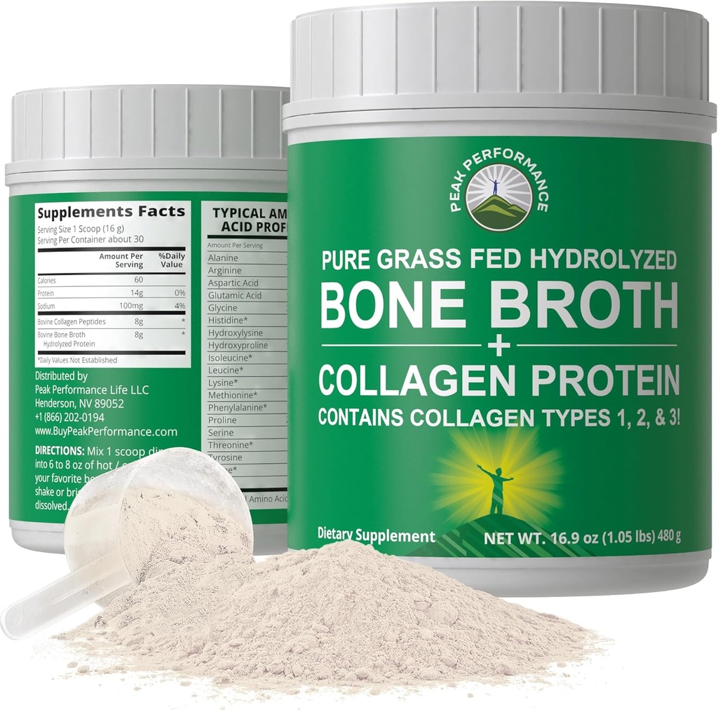 Peak Performance Hydrolyzed Bone Broth og Collagen Unflavored Protein Peptider Powder Indeholder alle kollagen typer: 1, 2 og 3. Pure Pasture, Raised Grass Fed, Paleo Friendly, Gluten + Dairy Free