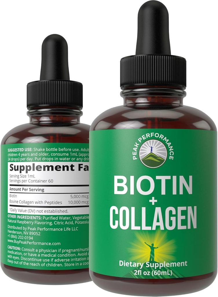 Flydende collagen til kvinder og mænd med biotin. Avanceret 2- in-1 orale dråber til hårvækst, hud og negle. 10. 000 mcg Bovine Collagen Peptider + 5. 000 mcg Biotin. Gluten Free, Zero Sugar Supplements