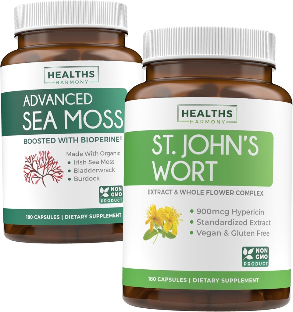 Sea Moss & St. John 's Wort (2-måneders levering) Mood Moss Blend - Organic Irish Sea Moss - Raw Vegan Supplement (180 Caps) & St John' s Wort med kraftfuld 900mcg Hypericin Vegan Non- GMO (180 Capsules)