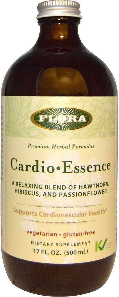 Flora - Cardio- Essence, Afslappende Blend of Hawthorn, Hibiscus & Passionflower, Vegetar, Gluten Free Daily Tonic, 17- fl. oz. Glasflaske