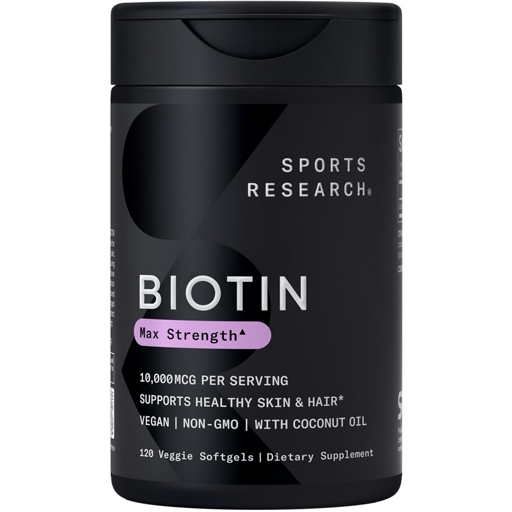Sport Research ® Biotin 10,000mcg med økologisk kokosolie - Biotin (vitamin B7) for sund hud og hår støtte * - for kvinder og mænd - Vegan, non-GMO, gluten & soy- Free - 120 Veggie Softgels