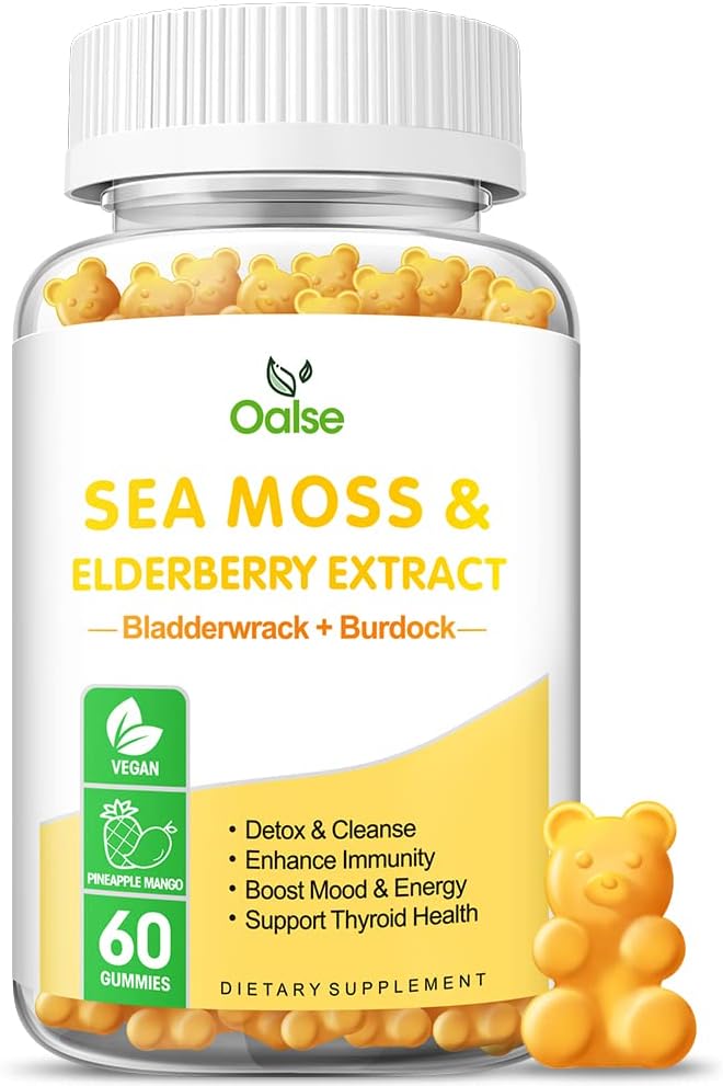 Sea Moss Gummies for voksne og børn, 2000mg Raw Seamoss, Bladderwrack, Burdock Root, Elderberry, Pepper, C-vitamin & D3, Zink Supports Immunsystem & Boost Energy (1-Pack)