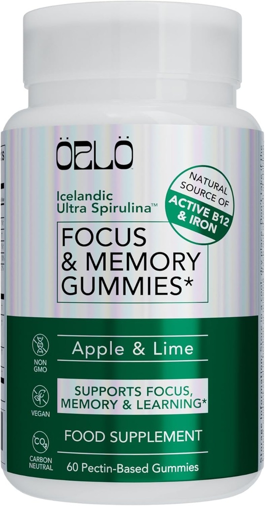 Orlo Focus & Memory Gummies - Nootrop Supplement for voksne med løvehjerne, L-Theanin, Phosphatidylserin, Spirulina, B6-vitamin & B12 Methylcobalamin (60 Gummies)