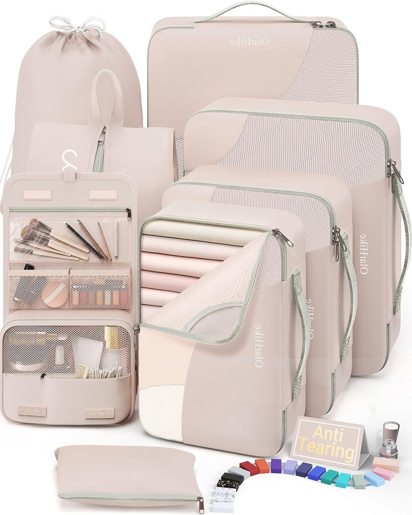 10 Set / 8 Set Packing Cubes til Rejser, Gaver til Kvinder Mor, Anti- Tearing Suitcase Organizer til Bagage med Sko & Hængende Toiletry Bag, OlarHike Vacation Essentials & Tilbehør til Cruise Ship, Cream