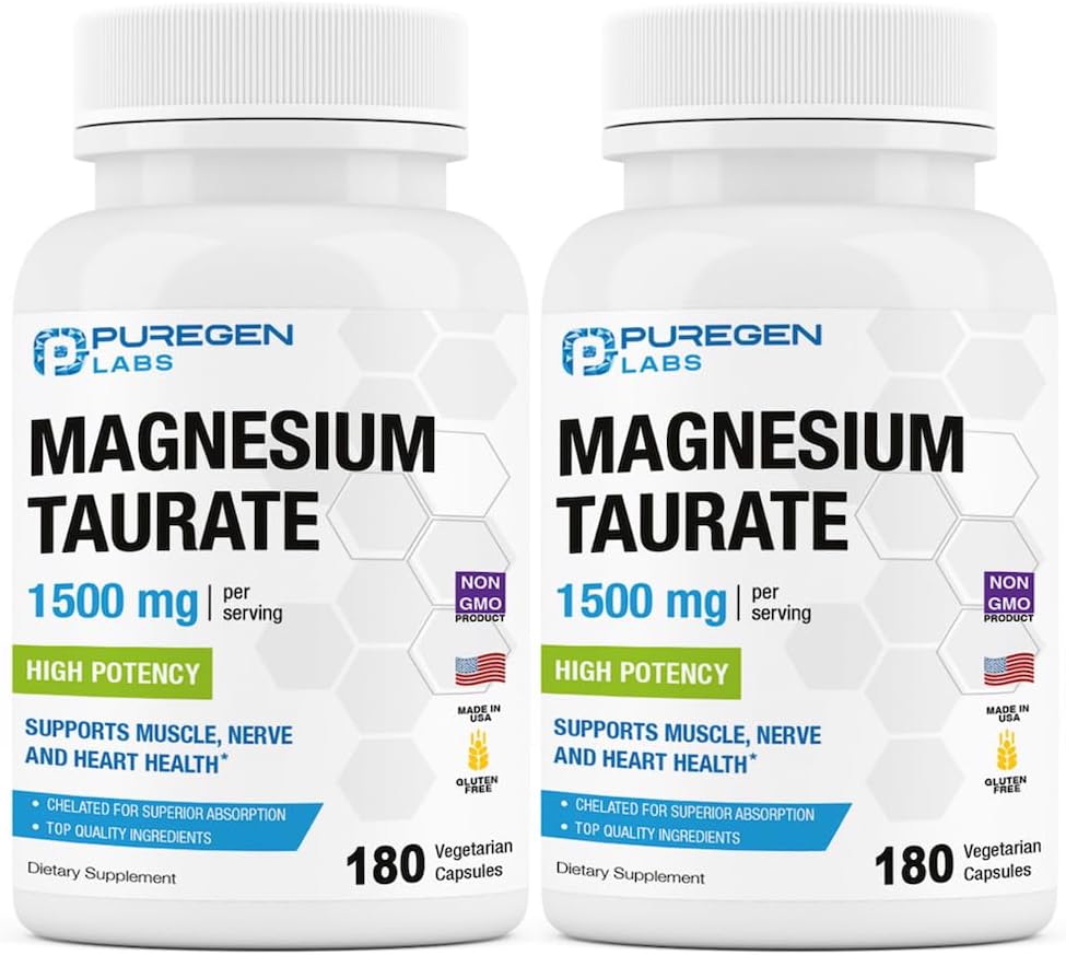 Puregen Labs Magnesium Taurate 1500mg per servering [høj potens] Total 360 Veggie Caps, Chelated for Superior Absorption, Non- GMO, NO Gluten og Dairy Measurement 124; Lavet i USA