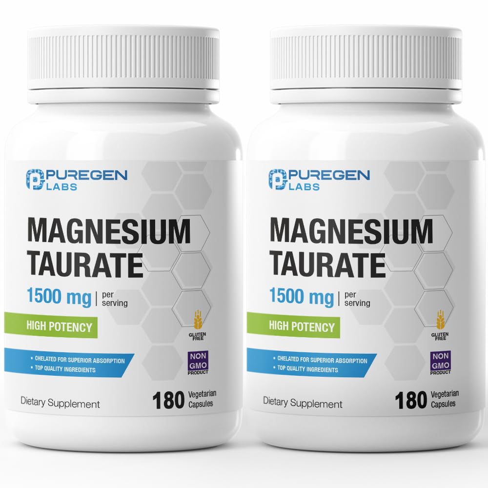 Puregen Labs Magnesium Taurate 1500mg per servering [høj potens] Total 360 Veggie Caps, Chelated for Superior Absorption, Non- GMO, NO Gluten og Dairy Measurement 124; Lavet i USA